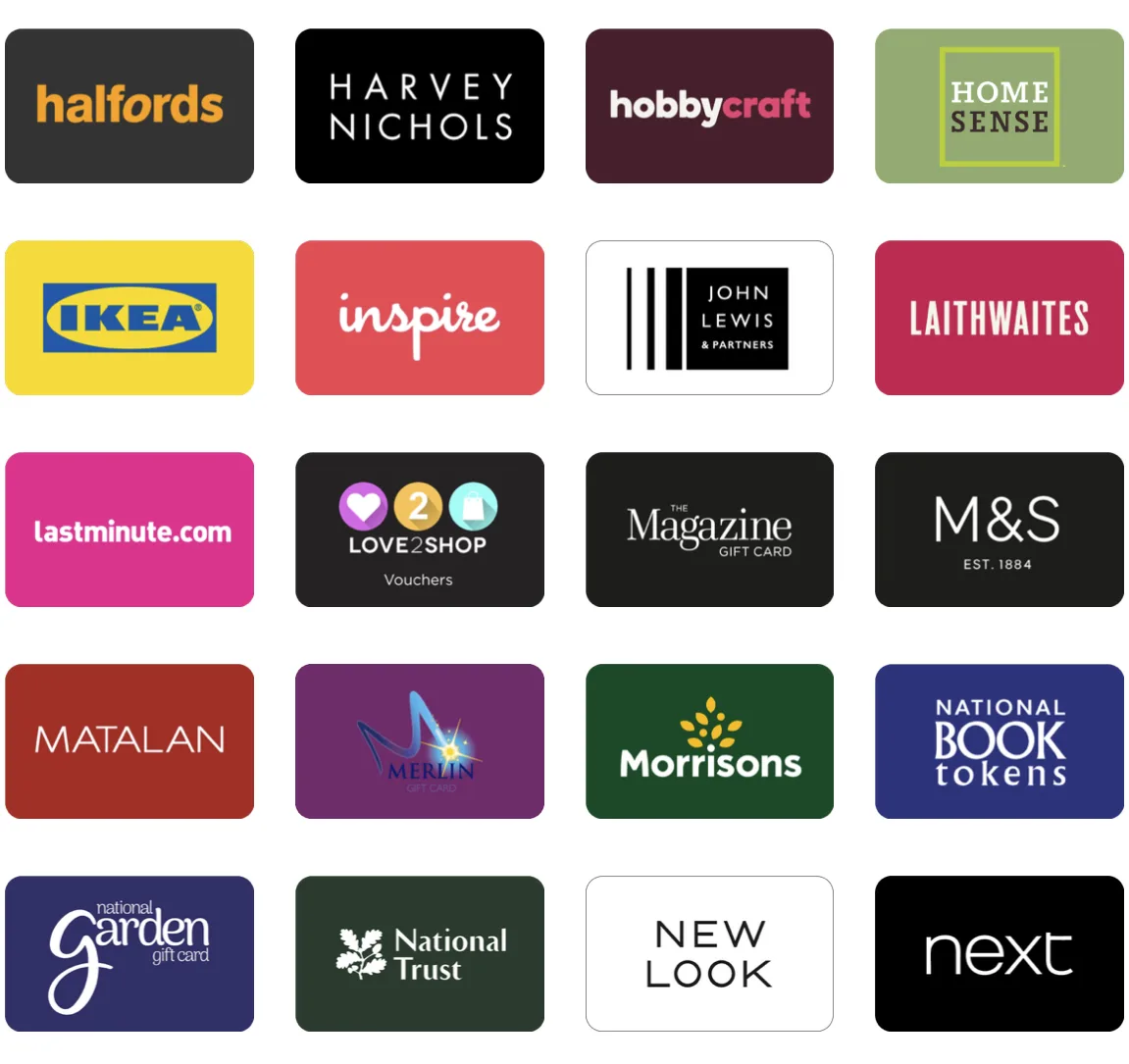 Gift card options including Halfords, Harvey Nichols, IKEA, John Lewis, M&S, and more